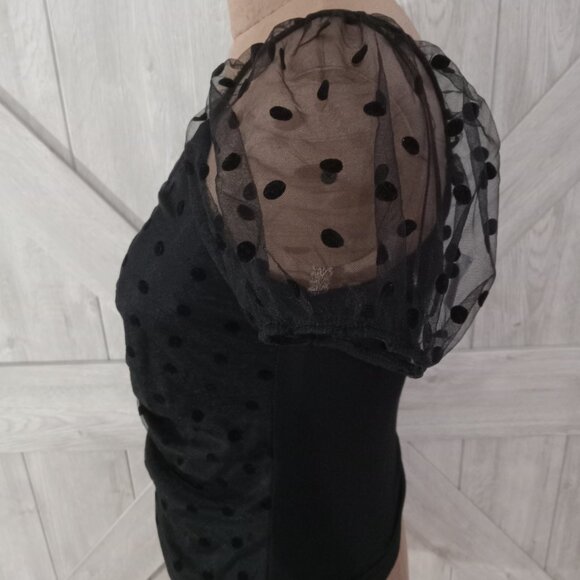 AMBIANCE-NWT Black Sheer Lace Polka Dot Puff Sleeve Elegant Mesh Top-Size-M - Picture 5 of 12